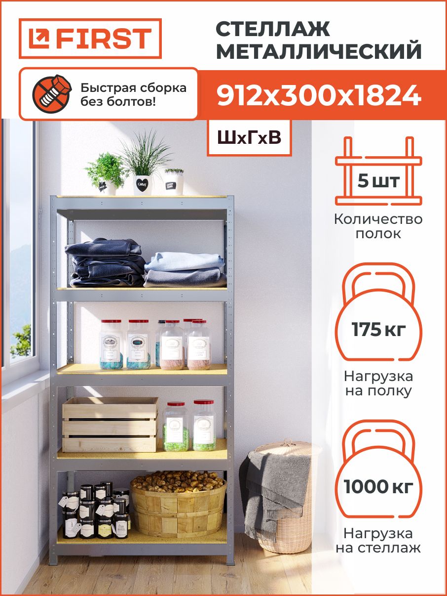 СтеллажметаллическийHITBOARD912х1824х300/5полокМДФ,оцинкованный,91.2х30х182.4см,FIRST