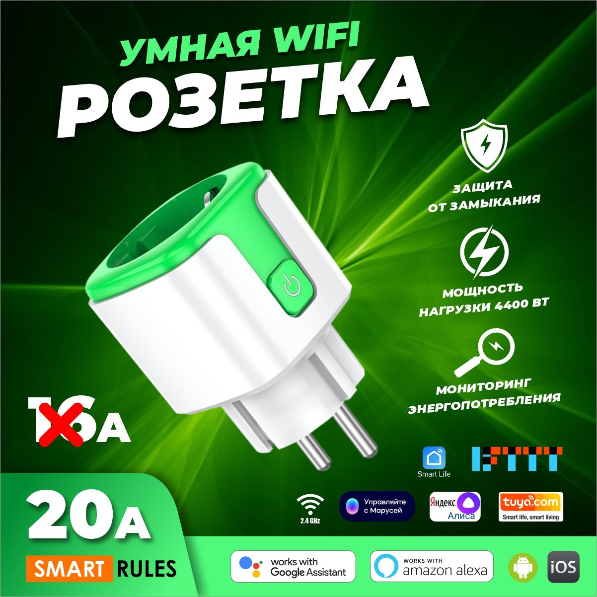 УмнаябеспроводнаяWiFiрозетка20АсАлисойЯндексSmartLifeголосовоеуправление,таймер,сценарии