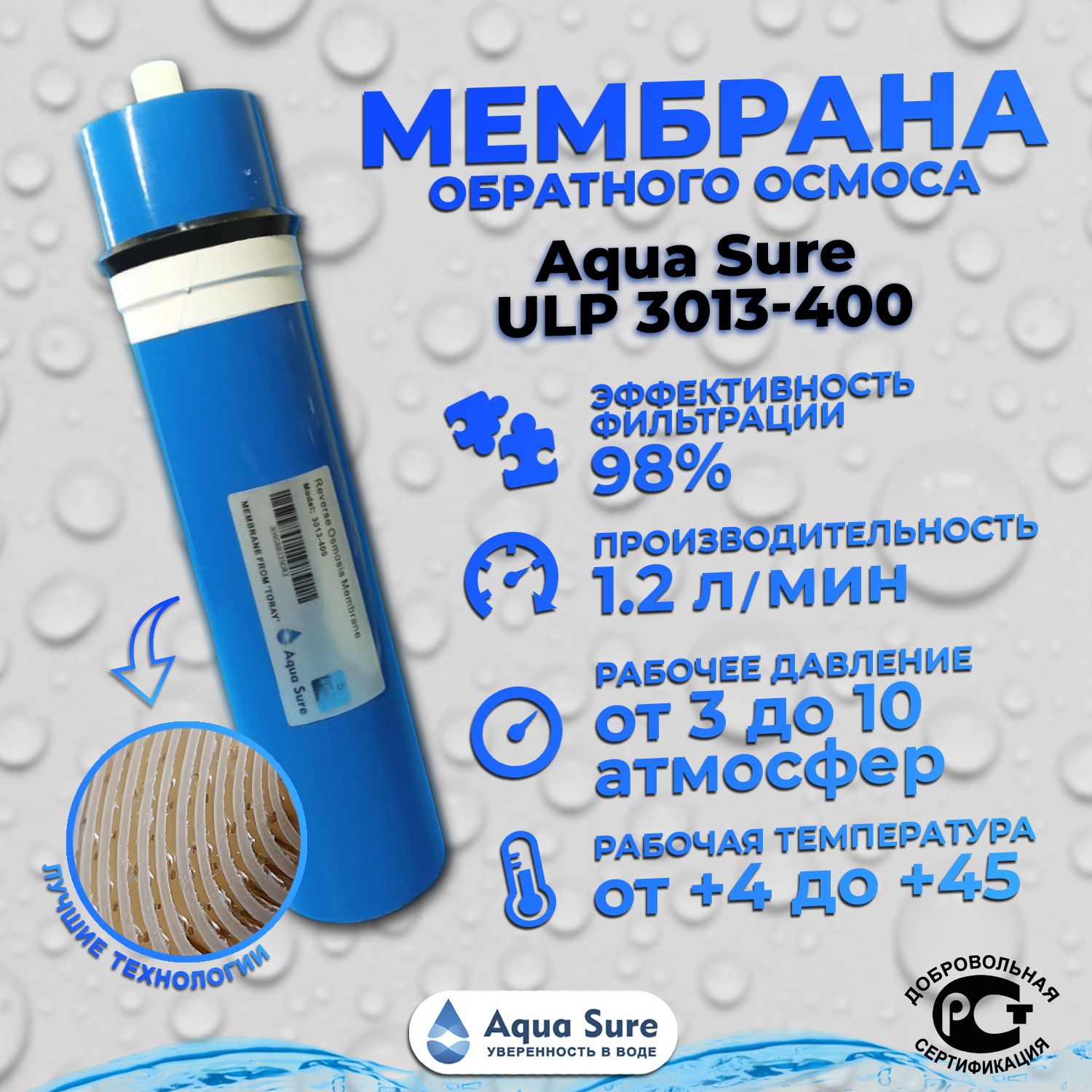 Мембрана обратного осмоса 3013-400 gpd Aqua Sure к аппаратам Живая вода, ТК  и др.