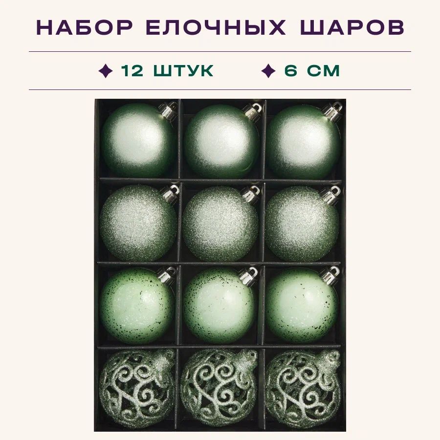 Шарыелочные,новогодниевнаборе12штпо6см,цвет:светло-зеленый