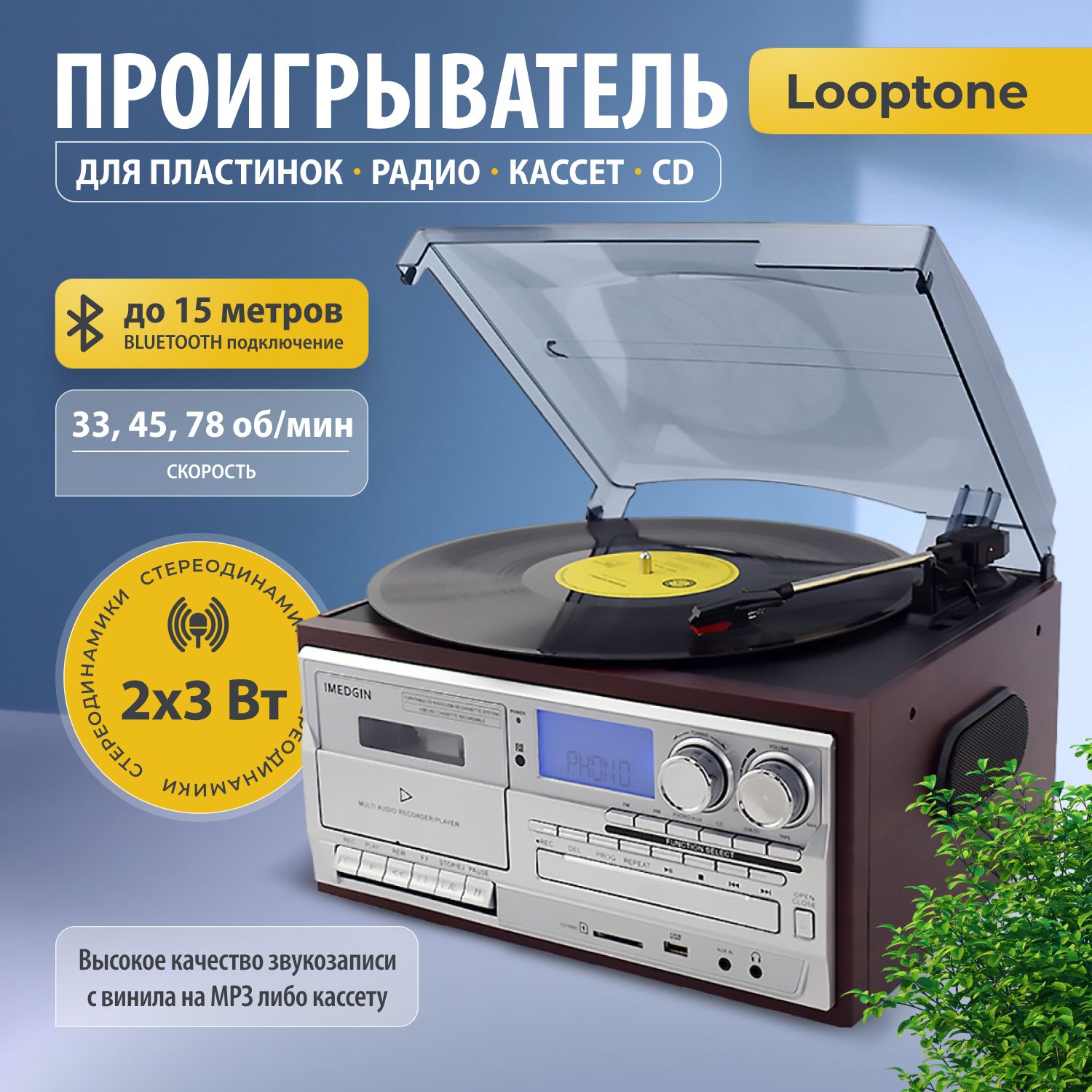 Проигрыватель Looptone для виниловых пластинок, радио, кассет, cd по низкой  цене с доставкой в интернет-магазине OZON (1562664371)