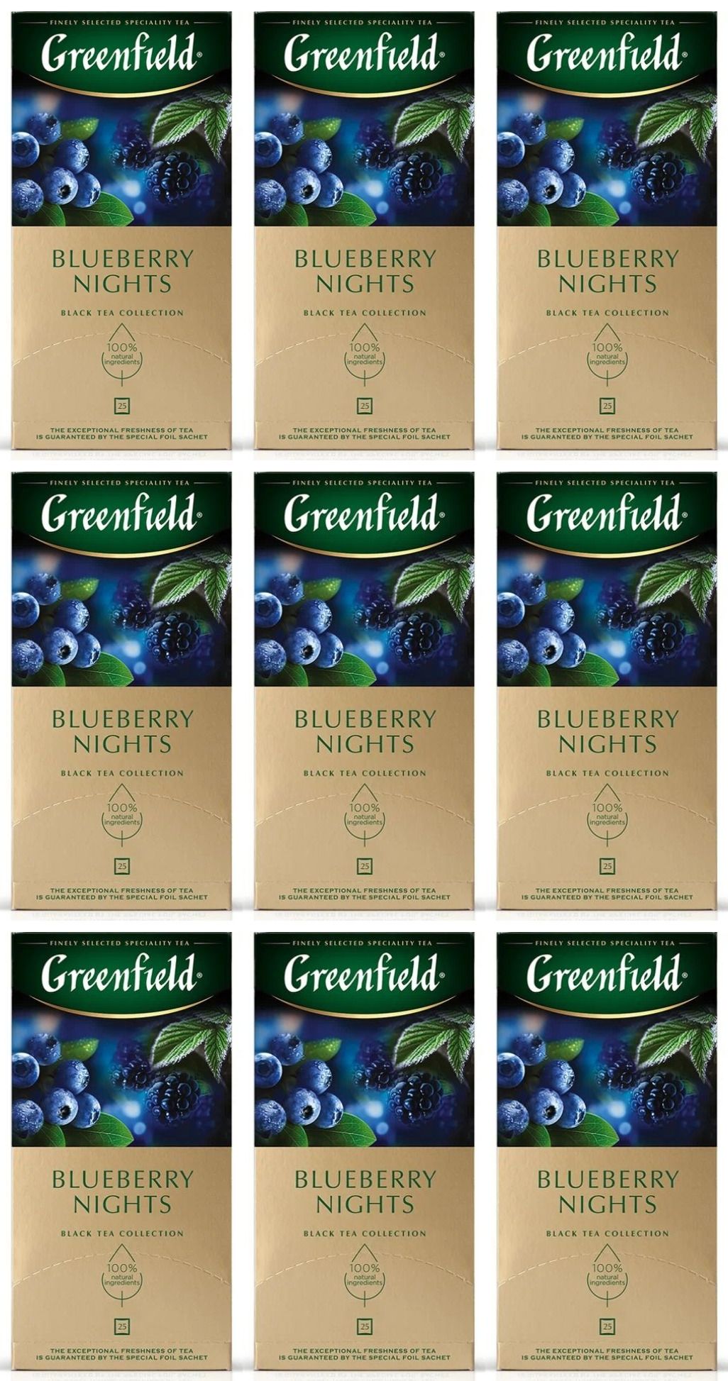 GreenfieldЧайчерныйбайховыйBlueberryNights,совкусомчерникииежевики,25пакетиков,9уп