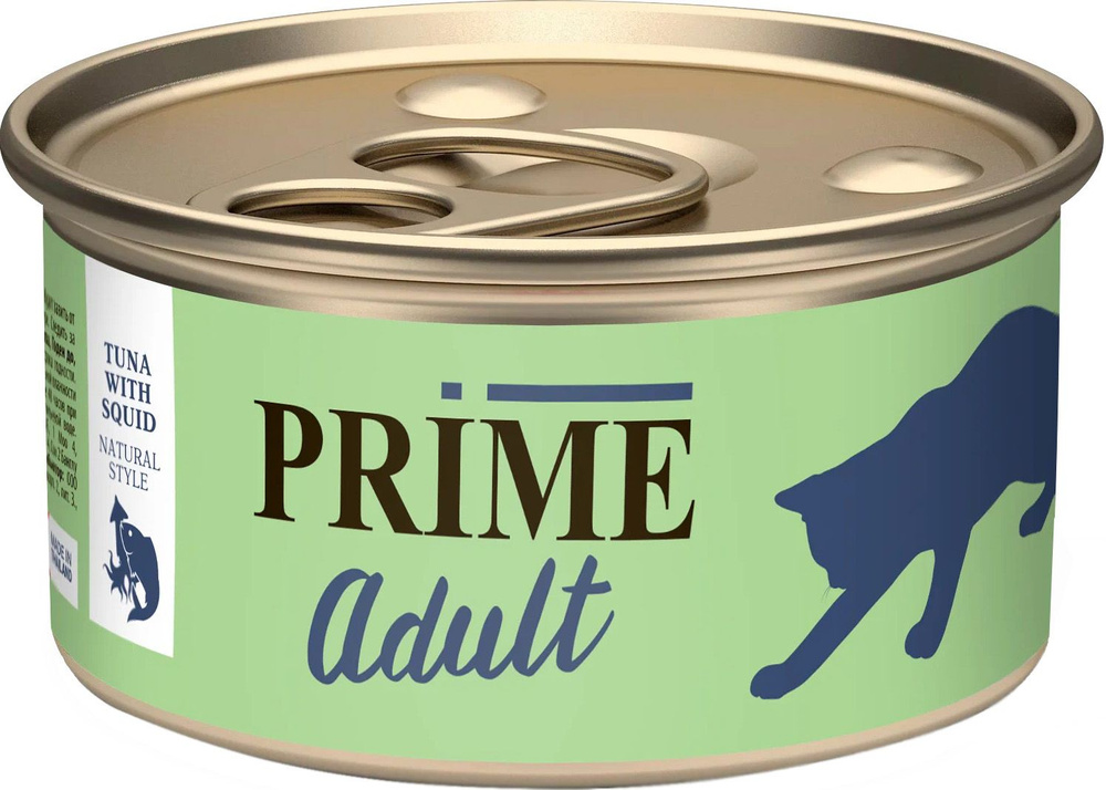 Корм Prime Adult (консерв.) для кошек, тунец с кальмаром в собственном ...