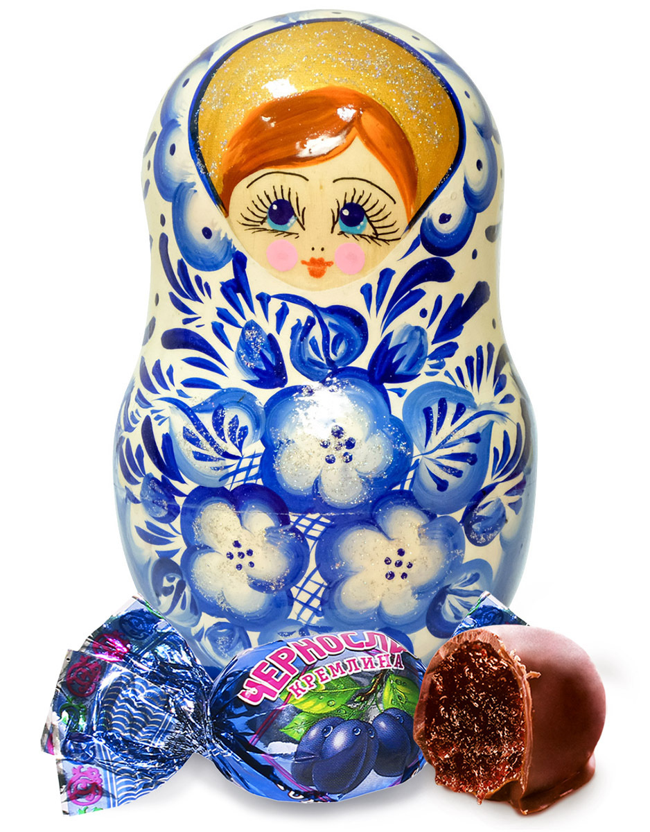 Матрешка-футляр "Гжель" конфеты Чернослив Кремлина шоколадный, 250г  #1