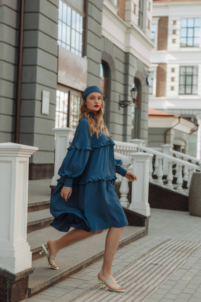 Платье свободное с рюшами цвета морской волны, Женский, На любой сезон ...