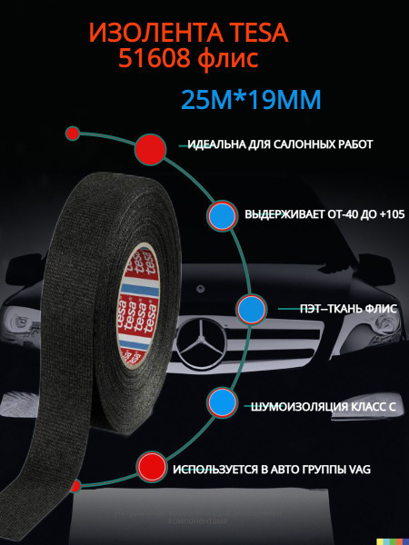 tesa Изолента 51608, 1 шт. шумоизоляция автомобильная салонная тканевая ...
