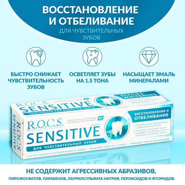 Зубная паста для чувствительных зубов Rocs Sensitive, Без фтора, 94 гр ...