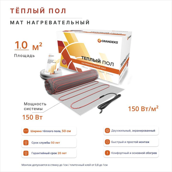 Теплый пол 1 м2, нагревательный мат на сетке Грандекс, под кафель ...