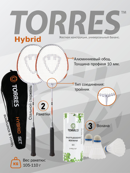 Набор для бадминтона с воланами TORRES Hybrid, BD20505, 2 ракетки, 2 ...