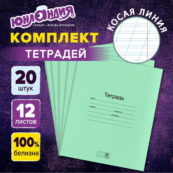Тетрадь в косую линейку 12 листов набор 20 штук, для школы, Юнландия ...
