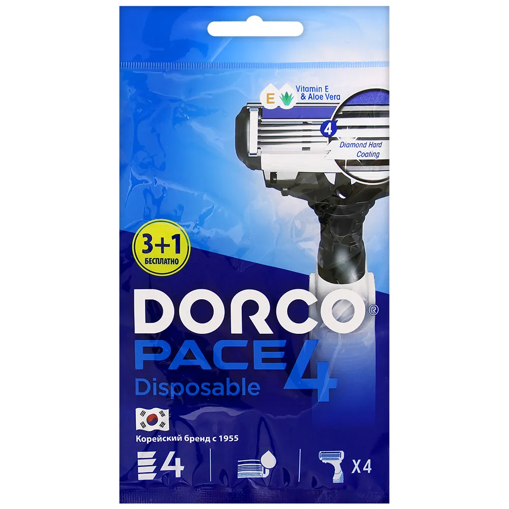 DORCO PACE 4 одноразовый станок 4 лезвия, с плавающей головкой и увлажняющей полосой 4шт