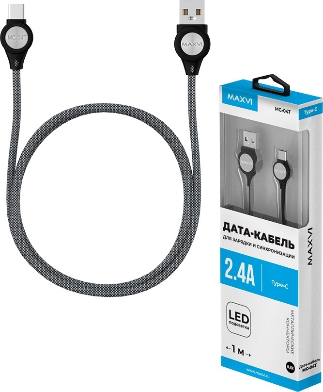 фото Кабель MAXVI MC- 04T,T ype-C-USB, 2.4A, 1m, Grey