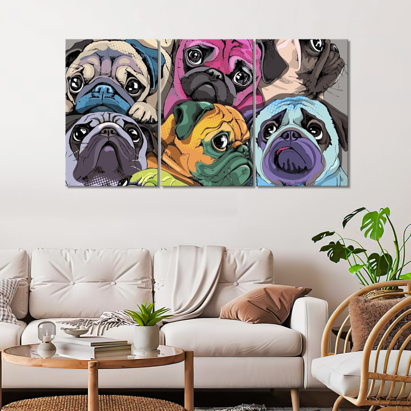 Большая модульная картина на холсте - мопсы разноцветные/pug dogs are colorful 90х50