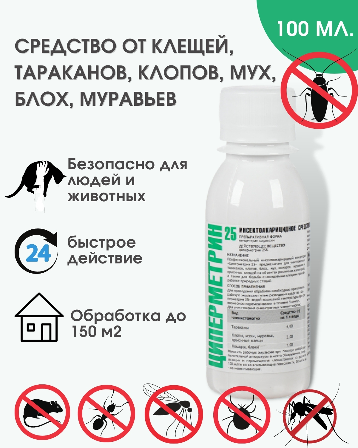 Циперметрин 25 средство от клещей, тараканов, муравьев, клопов, комаров,  мух, 100 мл.