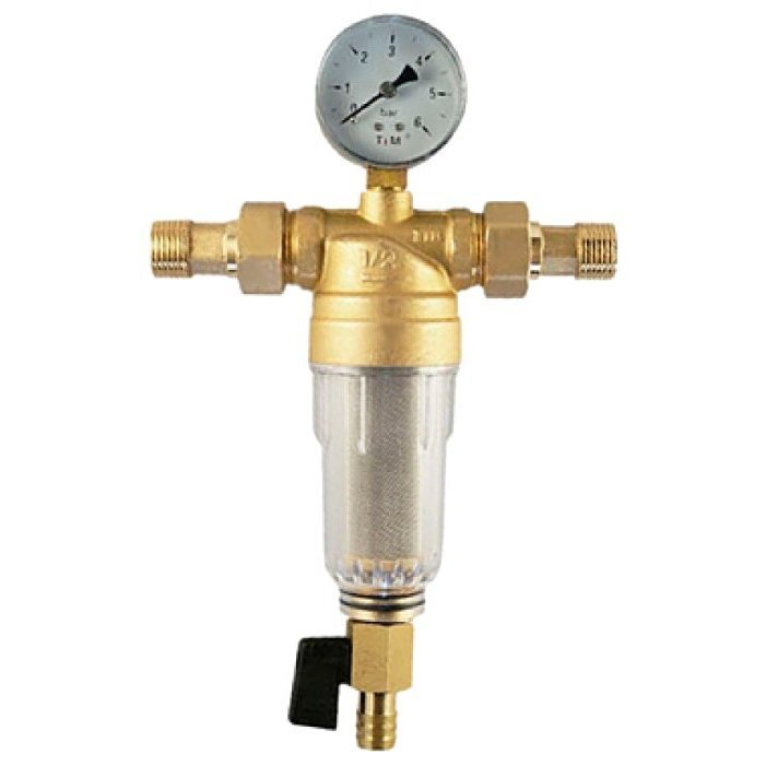 Фильтр самопромывной 1/2" НН с манометром американками и сливным краном ...