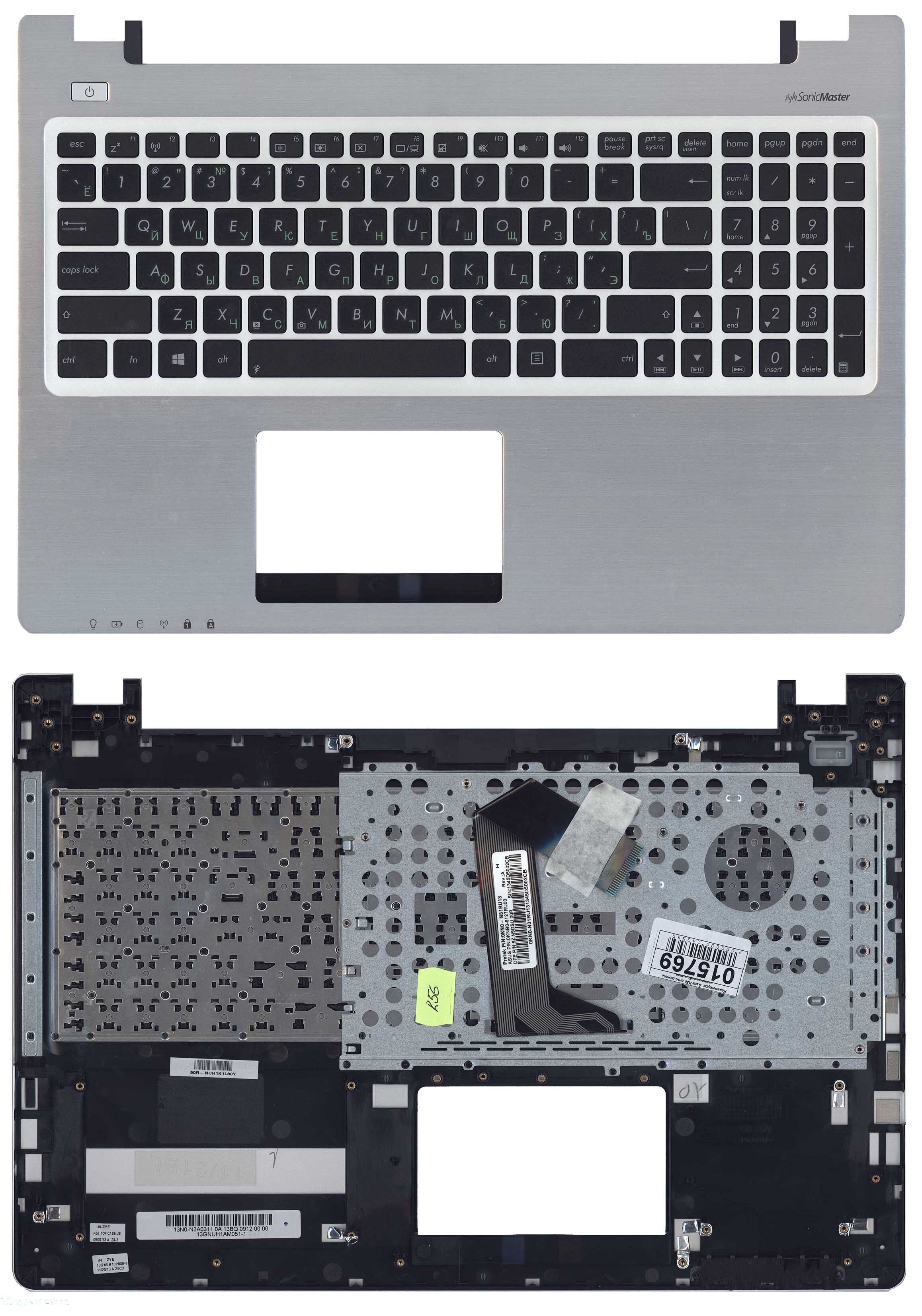 Клавиатура для ноутбука Asus K56 Series, p/n: 0KN0-N31RU13, 0KNB0-6113RU00, 0KNB0-6127RU00, черная c серебристым топкейсом