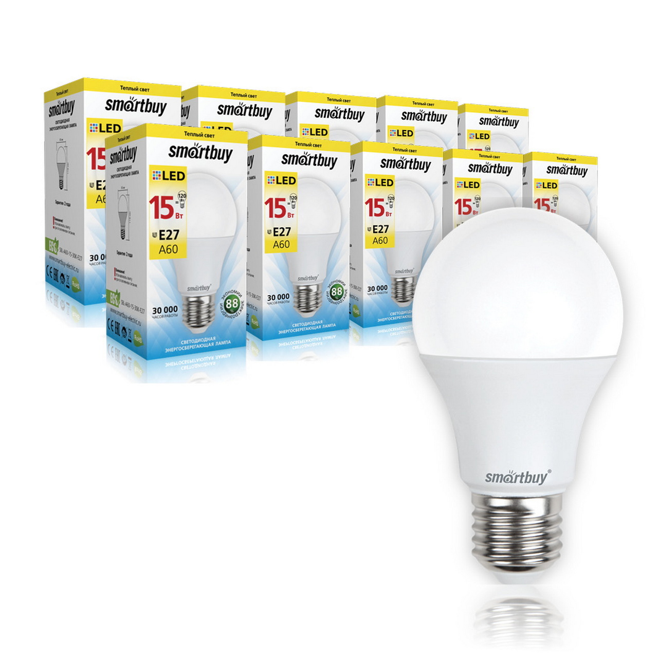 Светодиодная (LED) Лампа SmartBuy A60-15W/3000/E27, 10шт