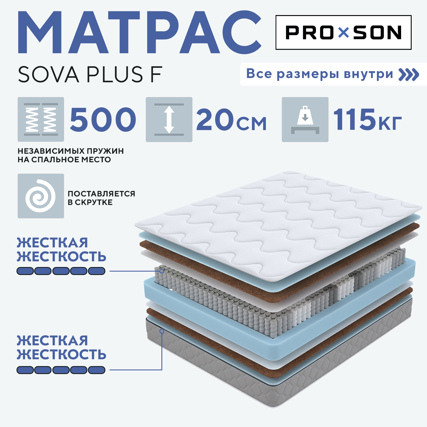 МатрасPROSONSovaPlusF160x200смснезависимымпружиннымблокомдляснавзрослыхидетейдвуспальныйлатексныйкокосовыйжесткиймягкий