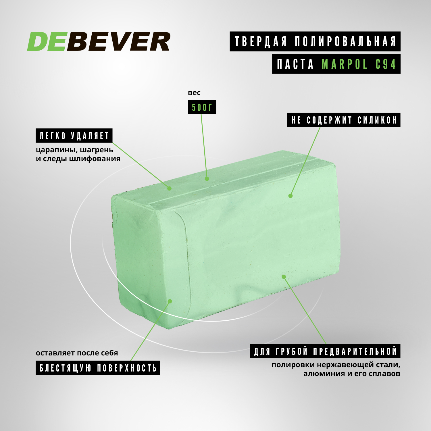 Твердая полировальная паста Marpol C94 для предварительной полировки нержавеющей стали и алюминия, зеленая, грубая, 500 г