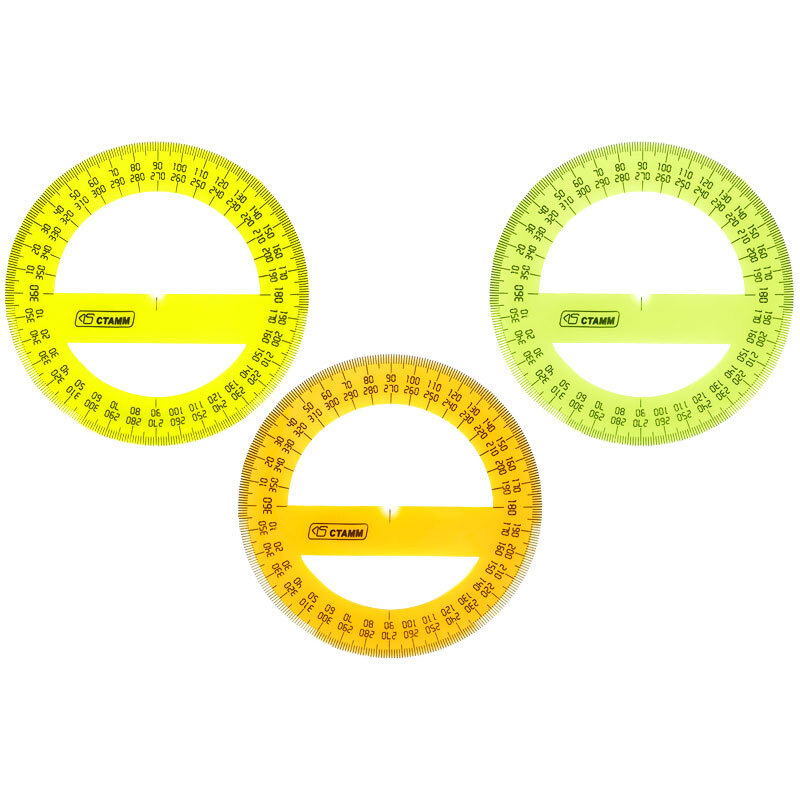 Транспортир 10 см, 360 градусов СТАММ, пластиковый, прозрачный, неоновые цвета, 3 шт