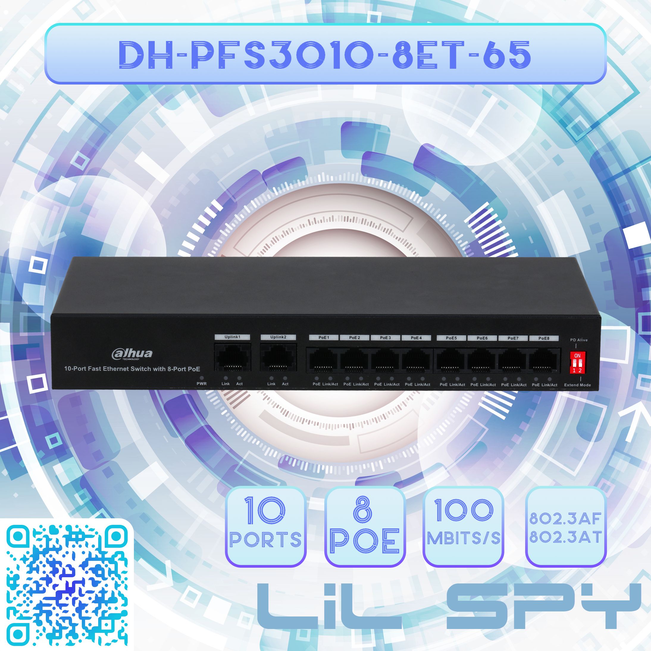 Коммутатор10-портовый100Мбит/снеуправляемыйсPoEдлядома,дачииофисаDahuaDH-PFS3010-8ET-65