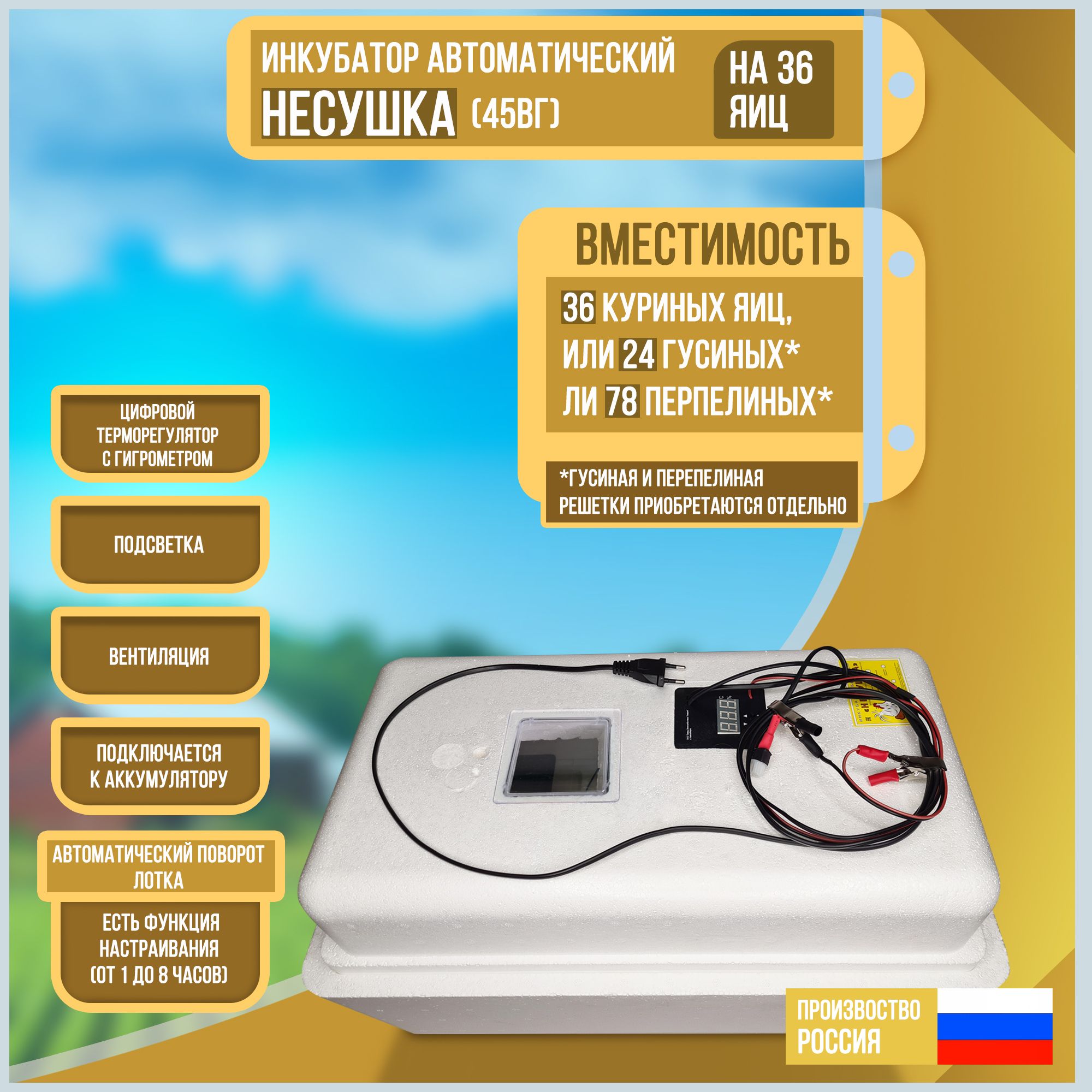 Инкубатор автоматический Несушка на 36 яиц с вентиляторами и гигрометром (45вг)