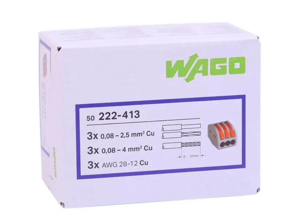 Клеммники wago 413. Клемма WAGO 222-413. WAGO 222-413 (3х2,5мм2 с рычажком). Клеммник WAGO 3*(0,5-4,0) 222-413. Клемма 222-413 (WAGO) (упаковка 50шт.).