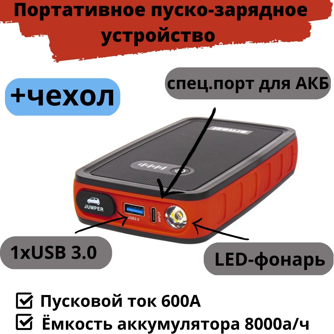 Бустер автомобильный зарядный портативное пуско зарядное устройство для  автомобиля PRO-8, 8000 мАч, 600А, Li-Po АКБ - купить с доставкой по  выгодным ценам в интернет-магазине OZON (486708709)