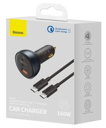 АвтомобильноезарядноеустройствоBaseus160ВтQualcommQuickCharge5Technology2C+UскабелемType-C100ВтTZCCZM-0G