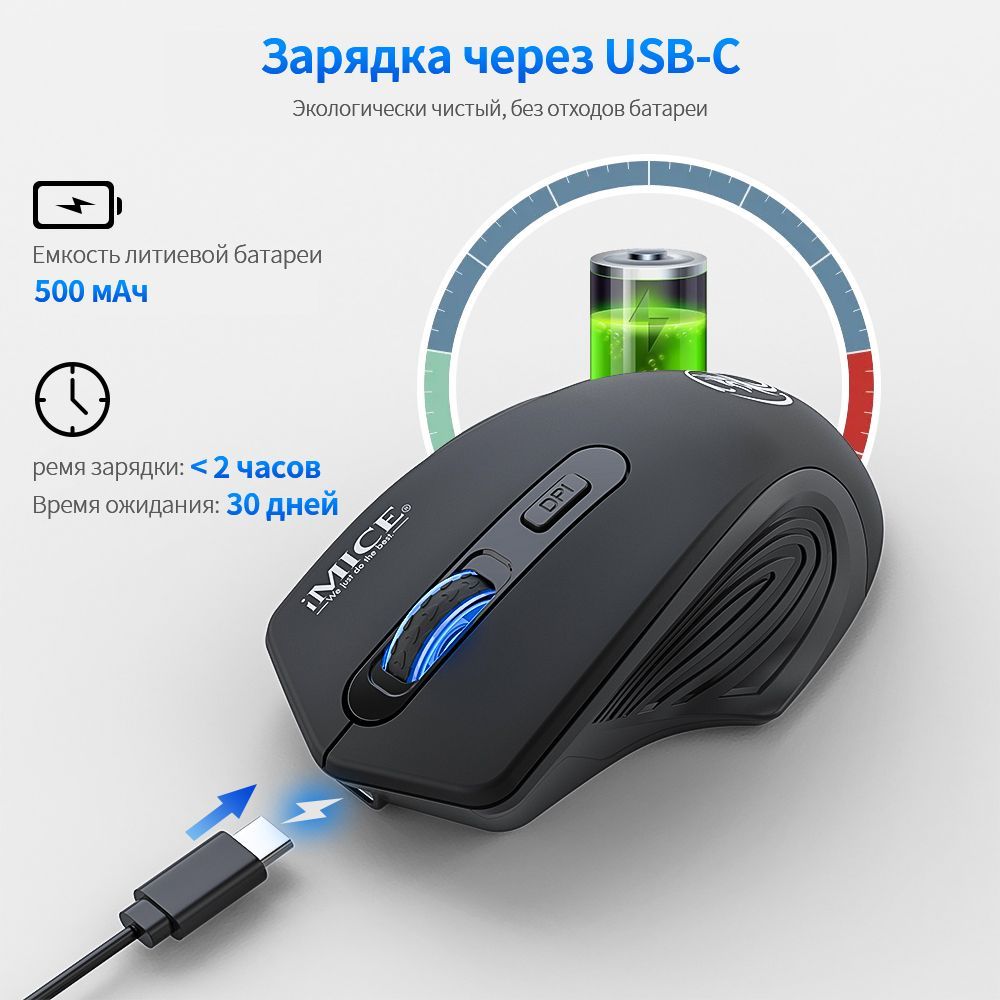 мышь беспроводная компьютерная USB мышь бесшумная аккумуляторная мышей для  ноутбука ПК , Порт заряда типа C