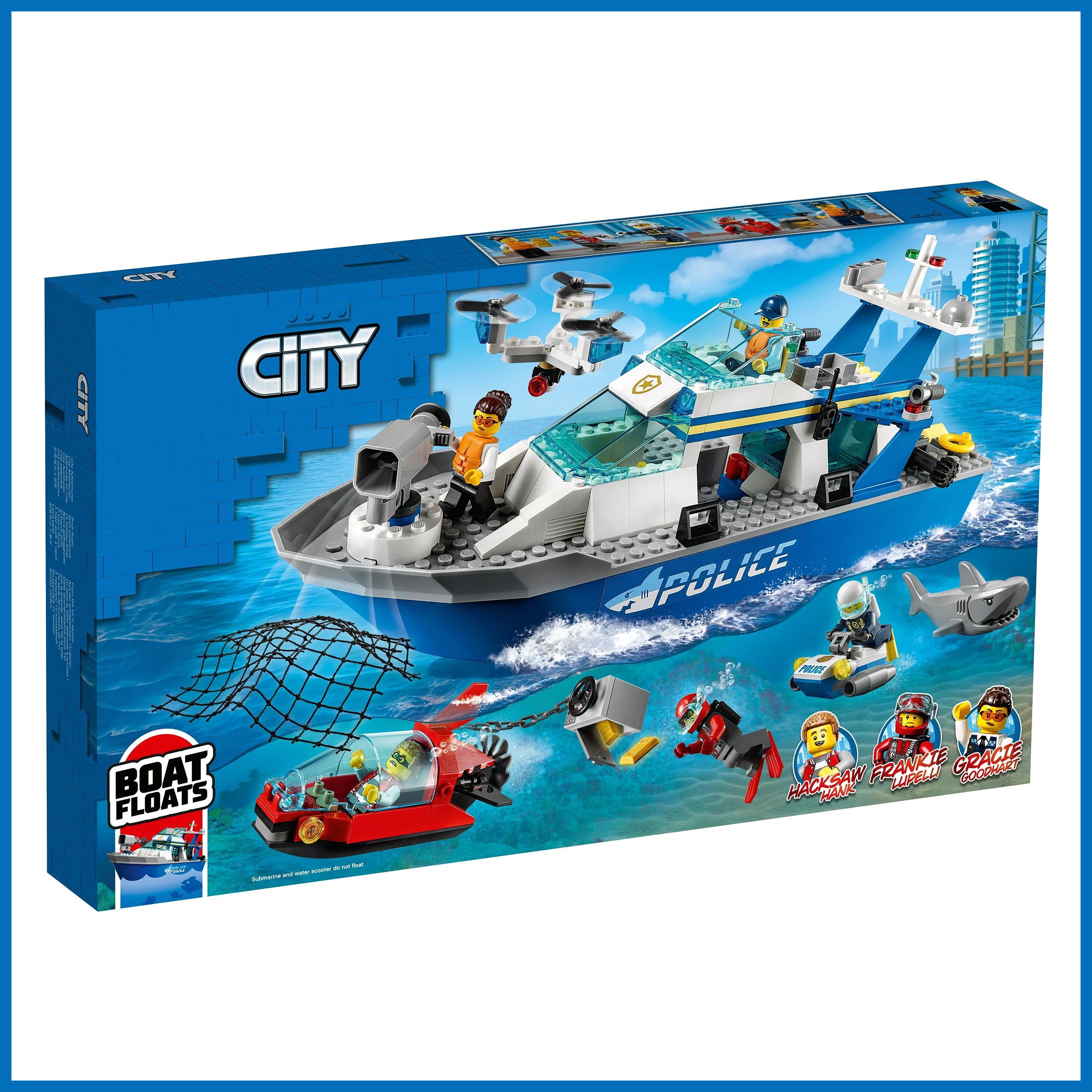 Конструктор лодки. LEGO City катер полицейского патруля 60277. Лего полицейский катер 60277. LEGO 60277. LEGO City полицейский катер 60277.