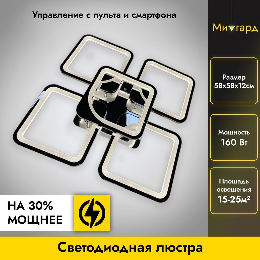 СветодиоднаяпотолочнаялюстраMIDGARD9044/4+1спультомДУ/Хром/На30%мощнее/160Вт/3000-6000К