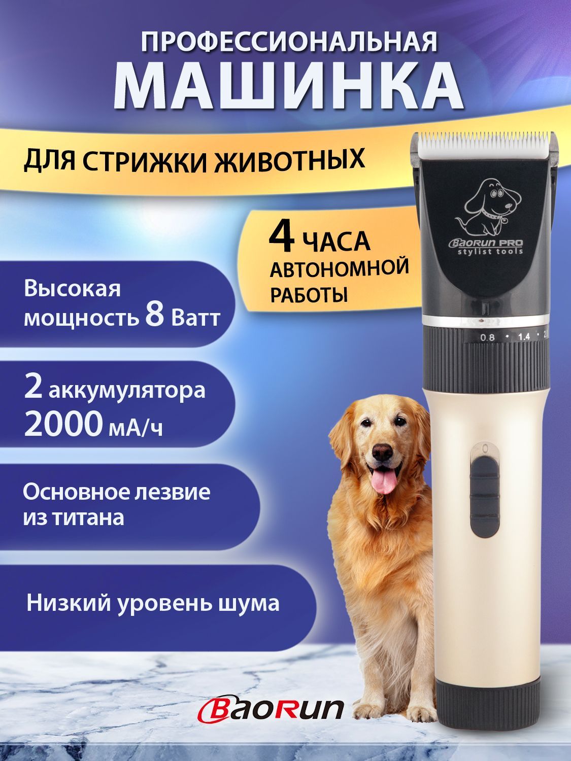 Baorun P6 Профессиональный триммер/ машинка для стрижки домашних животных:  кошек, собак. 4 насадки, регулировка под тип шерсти, аккумулятор 2000 мАч.