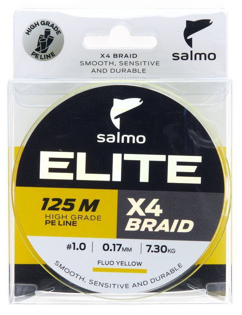 ЛескаплетенаяSalmoEliteX4BRAID/расцветкаFluoYellow/125м/0,17мм/7,3кг