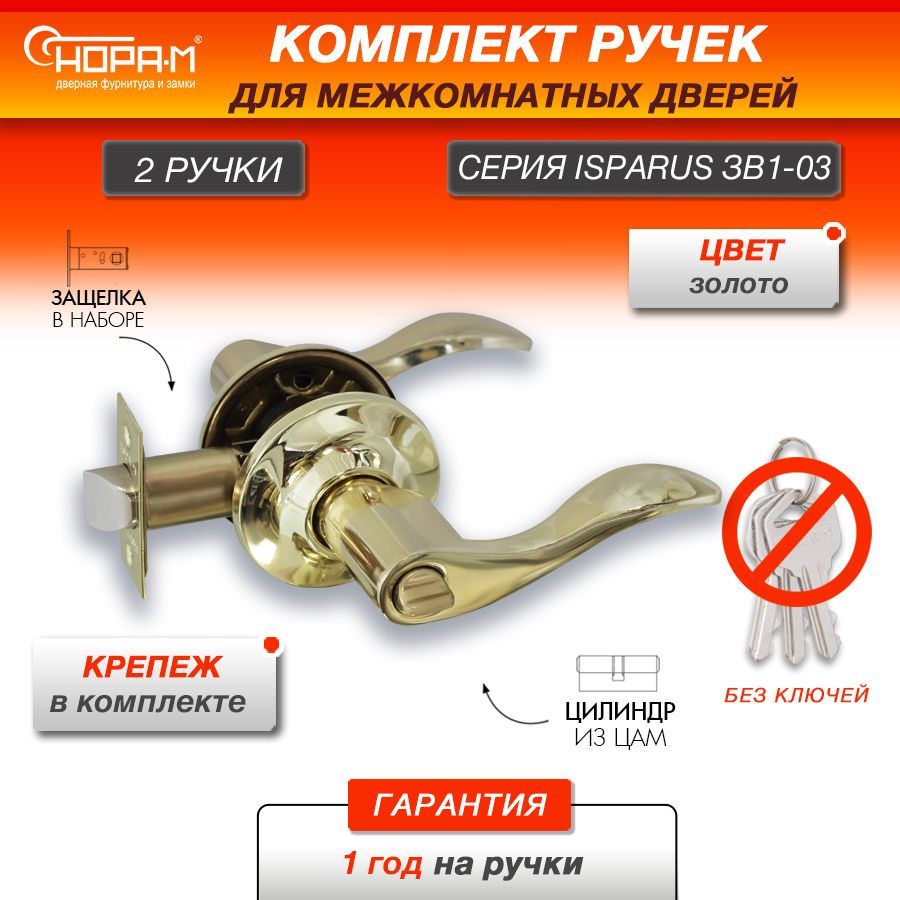 Ручка-защелка НОРА-М ISPARUS ЗВ1-03, нажимная, межкомнатная, фиксатор, золото