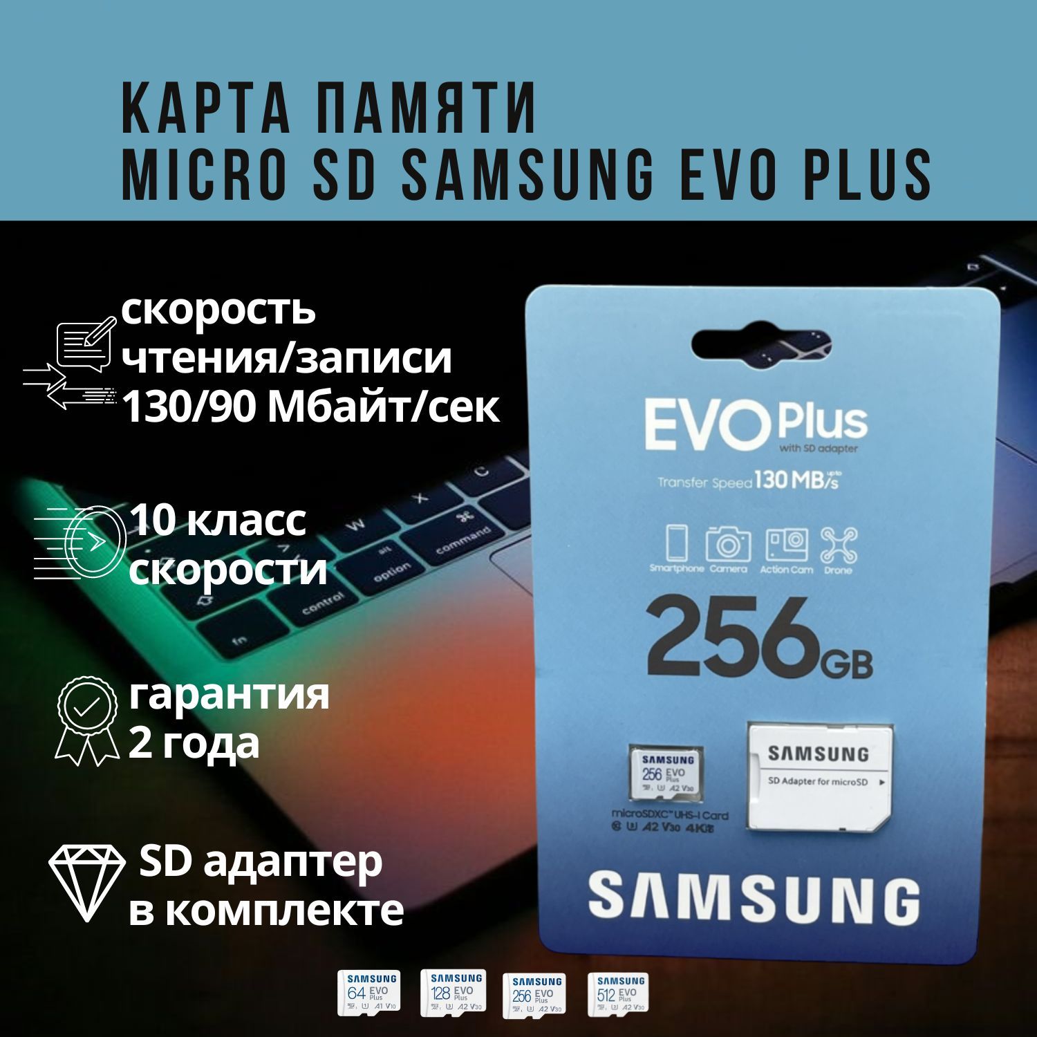 Карта памяти Micro SD Samsung EVO Plus 256 ГБ class 10