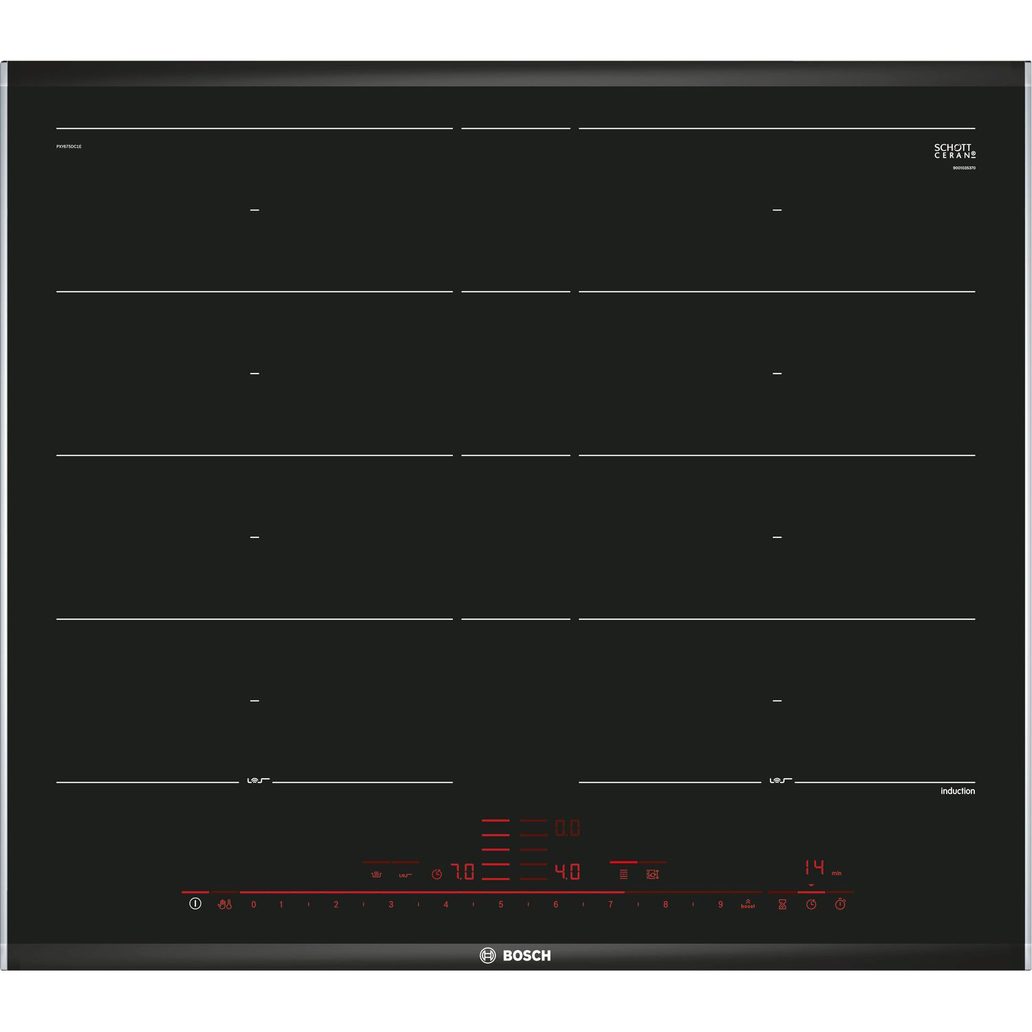 ВстраиваемаяиндукционнаяпанельBOSCHPXY675DC1ESerie8,независимая,4конфорки,FlexInduction,17уровней,чёрная