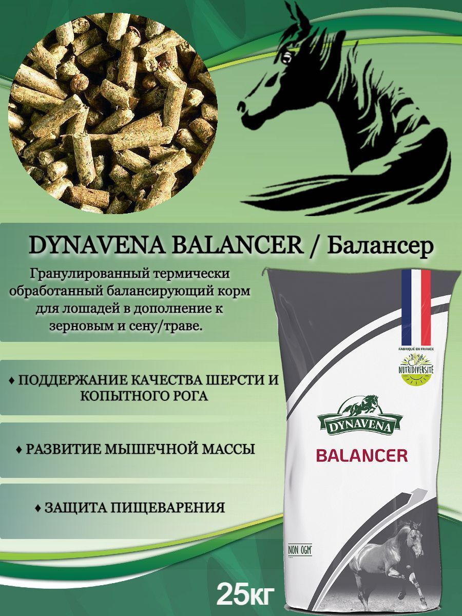 Корм мюсли для лошадей Dynavena (Динавена) Balancer, балансирующий для развития мышечной массы, защиты ЖКТ, поддержка качества шерсти и копыт, на основе соевого жмыха для всех групп лошадей (25 кг)