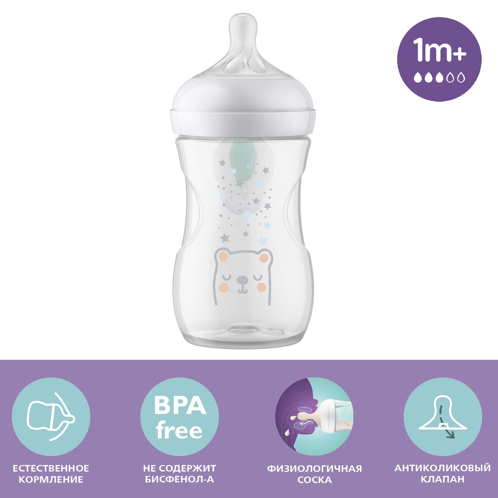 Бутылочка для кормления Philips Avent Natural Response, SCY673/82, с  клапаном AirFree, 260 мл, 1 мес+, с антиколиковым клапаном, рисунок звезды  - купить с доставкой по выгодным ценам в интернет-магазине OZON (1011894101)