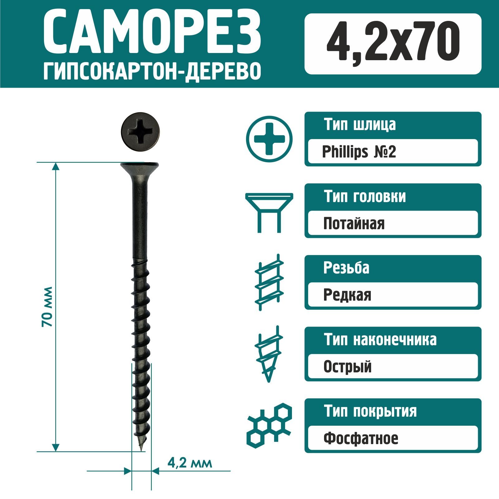 Саморез Rizzel 4,2х70 по дереву фосфатированный (100 шт)