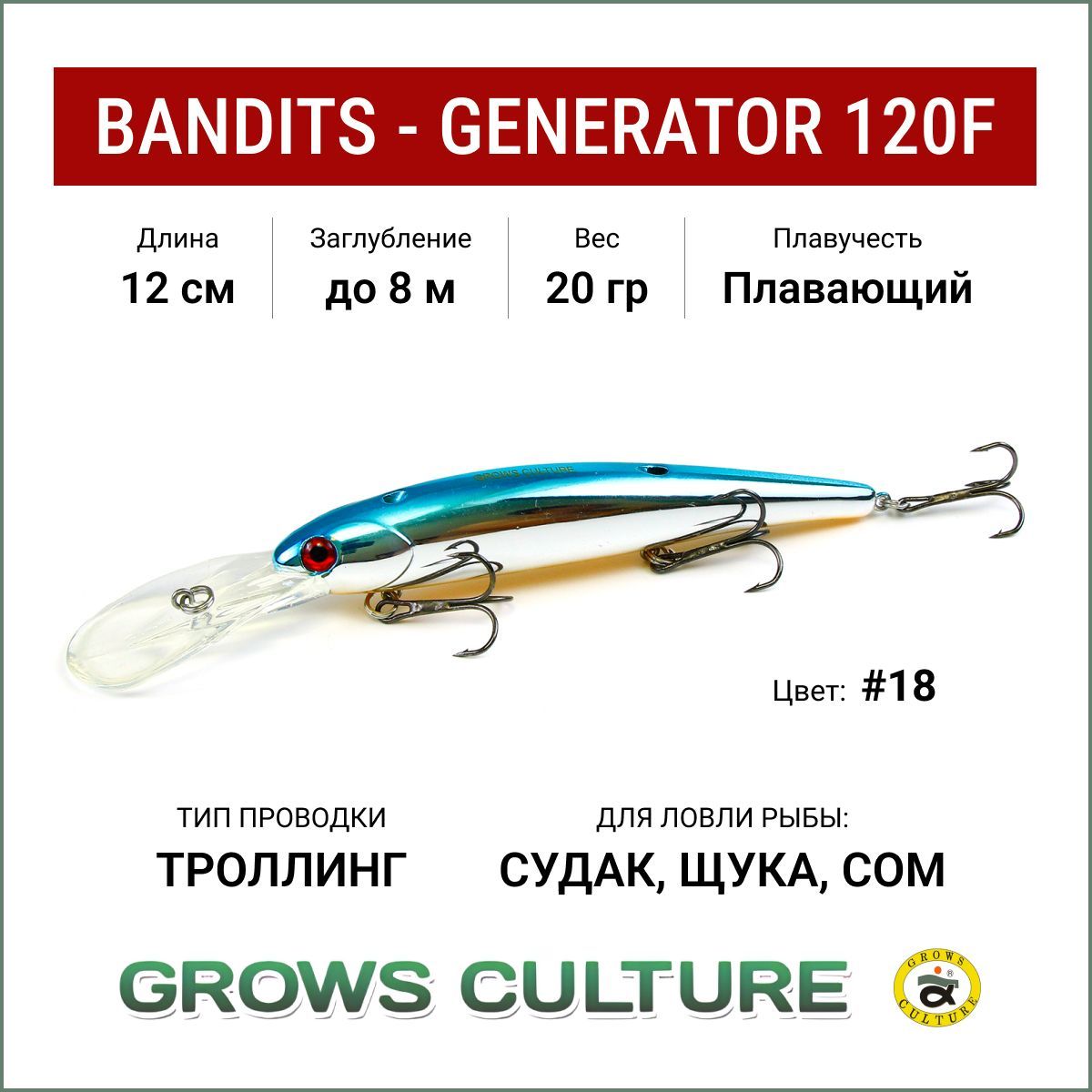 ВоблердлятроллингаGrowsCultureBandits-GENERATOR120F,цвет#18,заглублениедо8метров,воблерплавающий,шумовой,насудака,нащуку,насома.