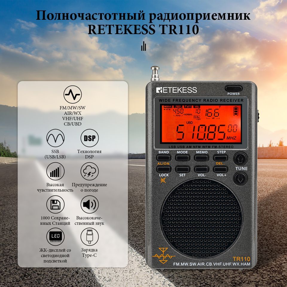 RETEKESSМагнитолаПортативныйКарманныйРадиоприемникTR110/TR111/TR112/TR113,AM/FM/SW,черно-серый