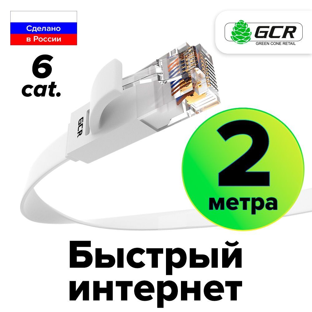 ПлоскийПатч-кордКАТ.6UTP2метраLanкабельдляинтернетаGCRPROFethernetHIGHspeed10Гбит/сбелый