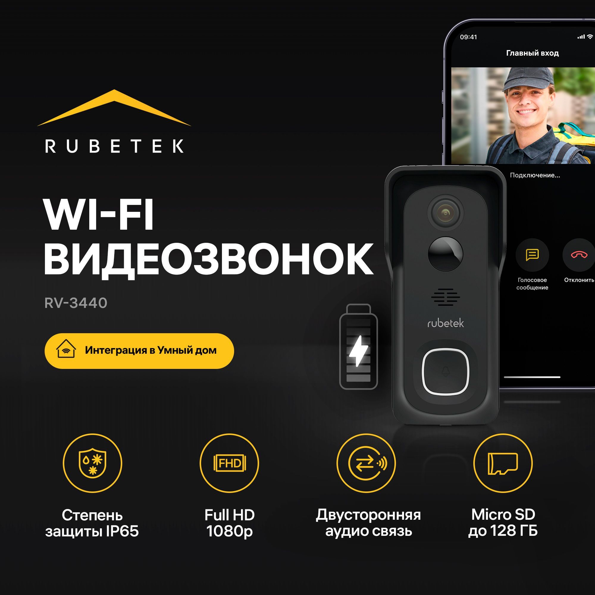 IP-Видеодомофон/Видеозвонок с Wi-Fi для входной двери с резервным питанием  и картой памяти RV-3440/ без понижающего трансформатора 12-24 В