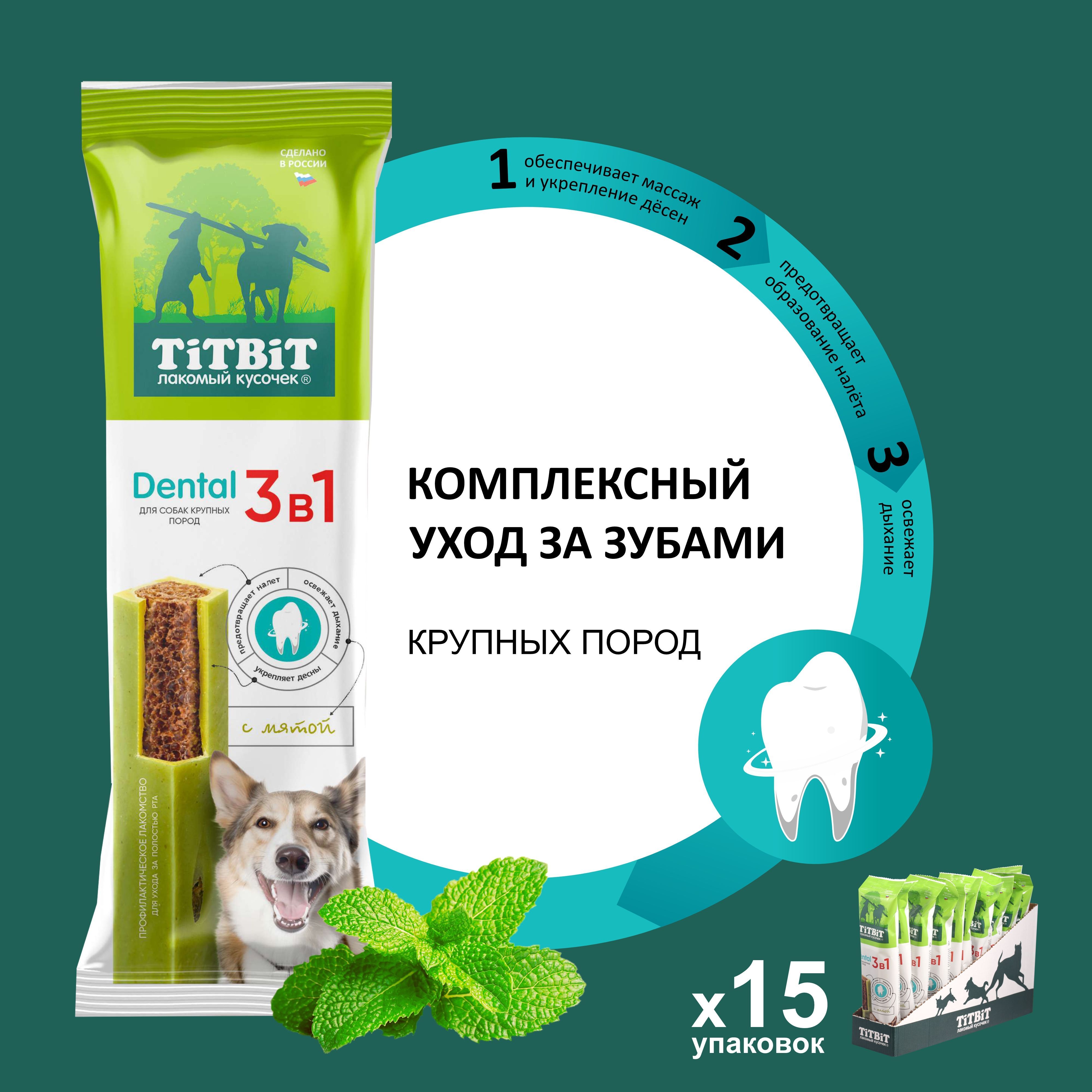 Лакомство для собак TiTBiT Dental 3в1 с мятой для собак крупных пород 15 шт.