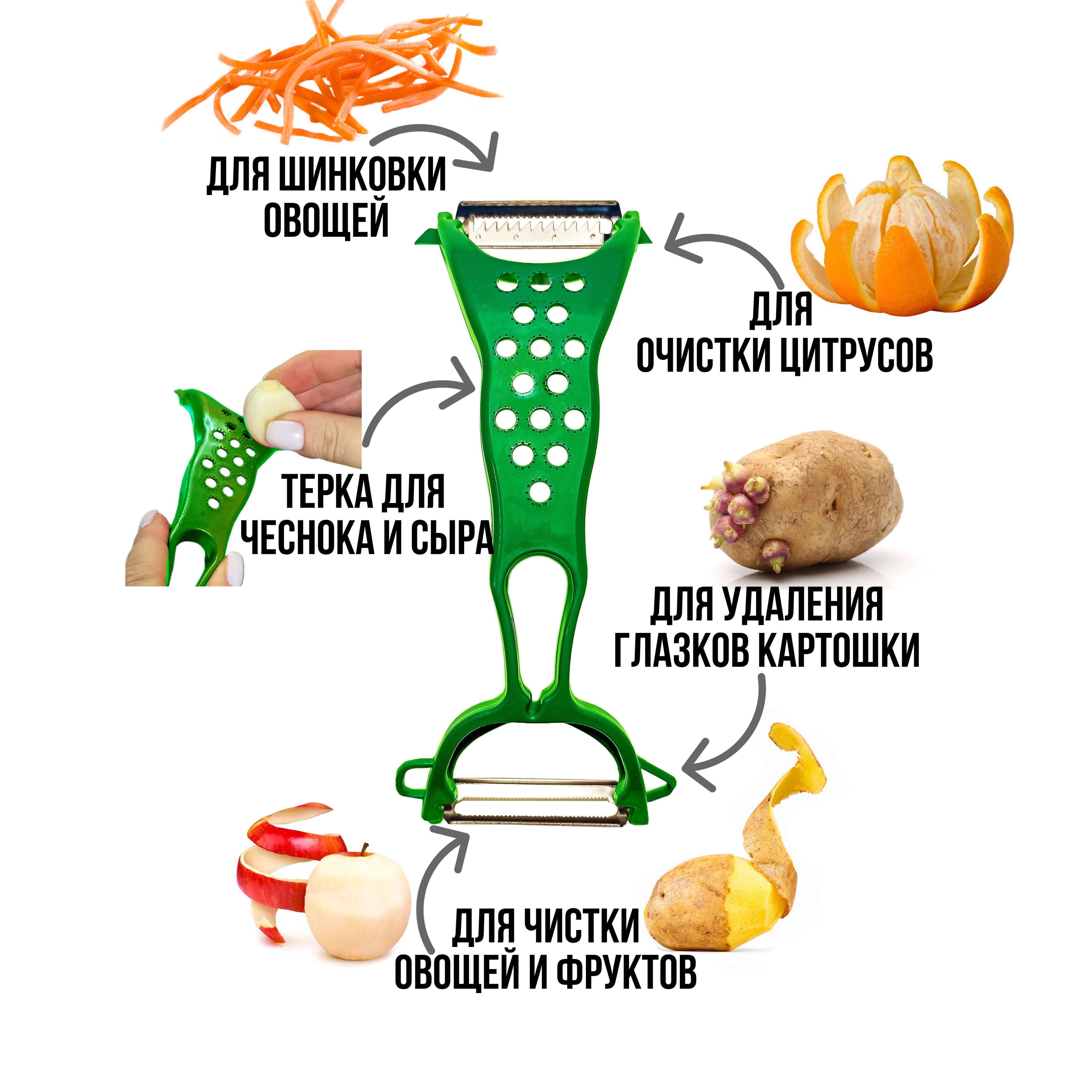 Овощечистка для овощей и фруктов горизонтальная 5 в 1 Зеленая