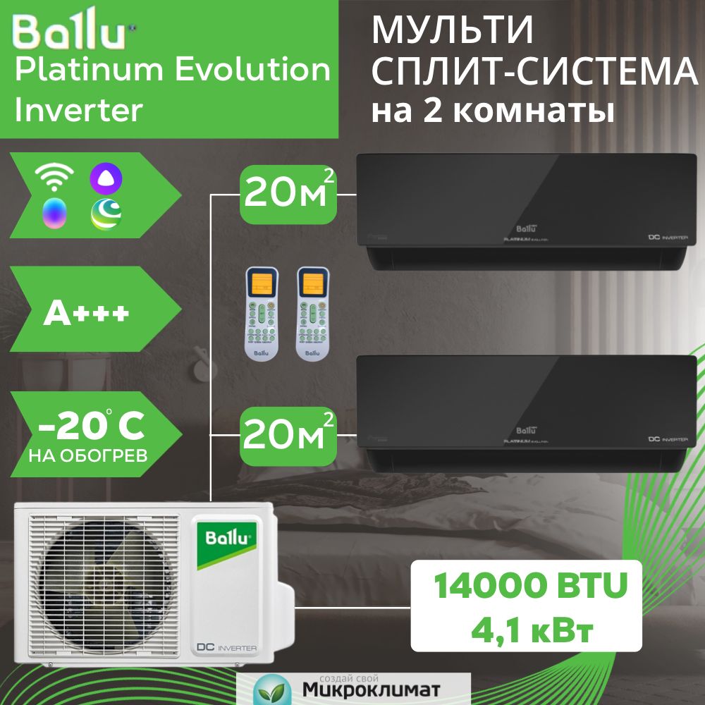 Инверторная мульти сплит-система с Wi-Fi BALLU на 2 комнаты 20м2+20м2  BSUI-FM-09HN8(BL)х2/BA2OI-FM-14HN8 - купить по доступным ценам в  интернет-магазине OZON (1400193622)