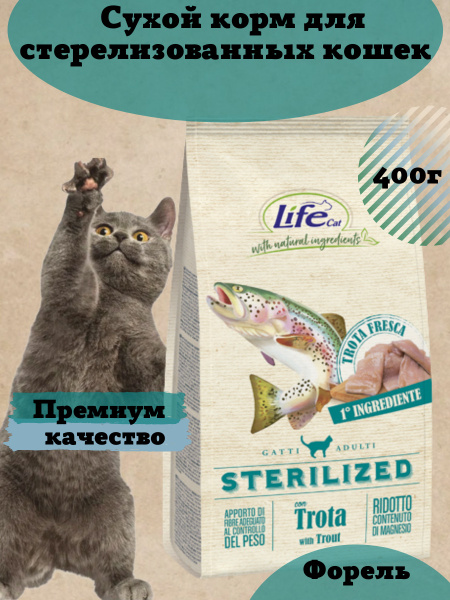 Life cat купить. Корм для кошек Life. Лайф Кэт корм. LIFECAT Adult Sterilized Trout корм для стерилизованных кошек со свежей форелью. Life Cat форель для кошек стерилизованных.