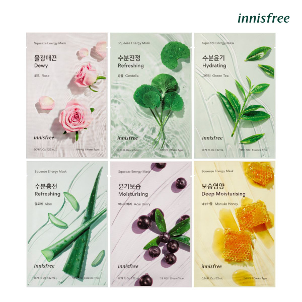 INNISFREE Набор из 6 масок для лица SQUEEZE ENERGY MASK (Роза, Центелла ...