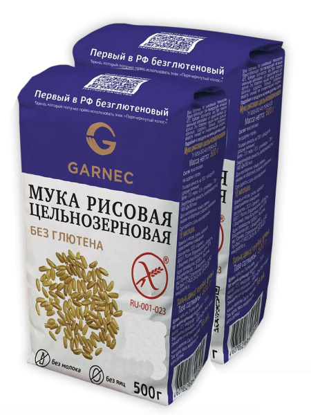 GARNEC Мука рисовая цельнозерновая без глютена, 500 х 2 упаковки ...